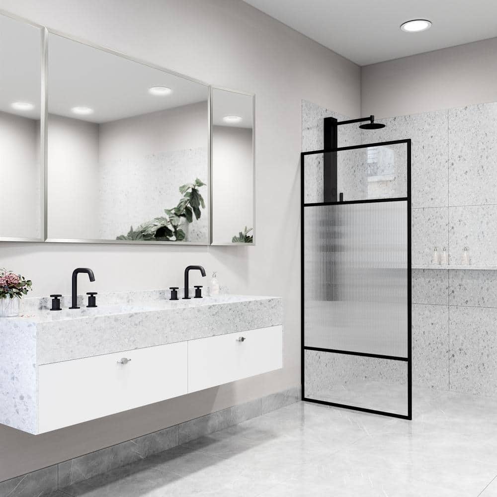 Essex Matte Black 34" x 74" Framed Fluted Glass Shower Screen