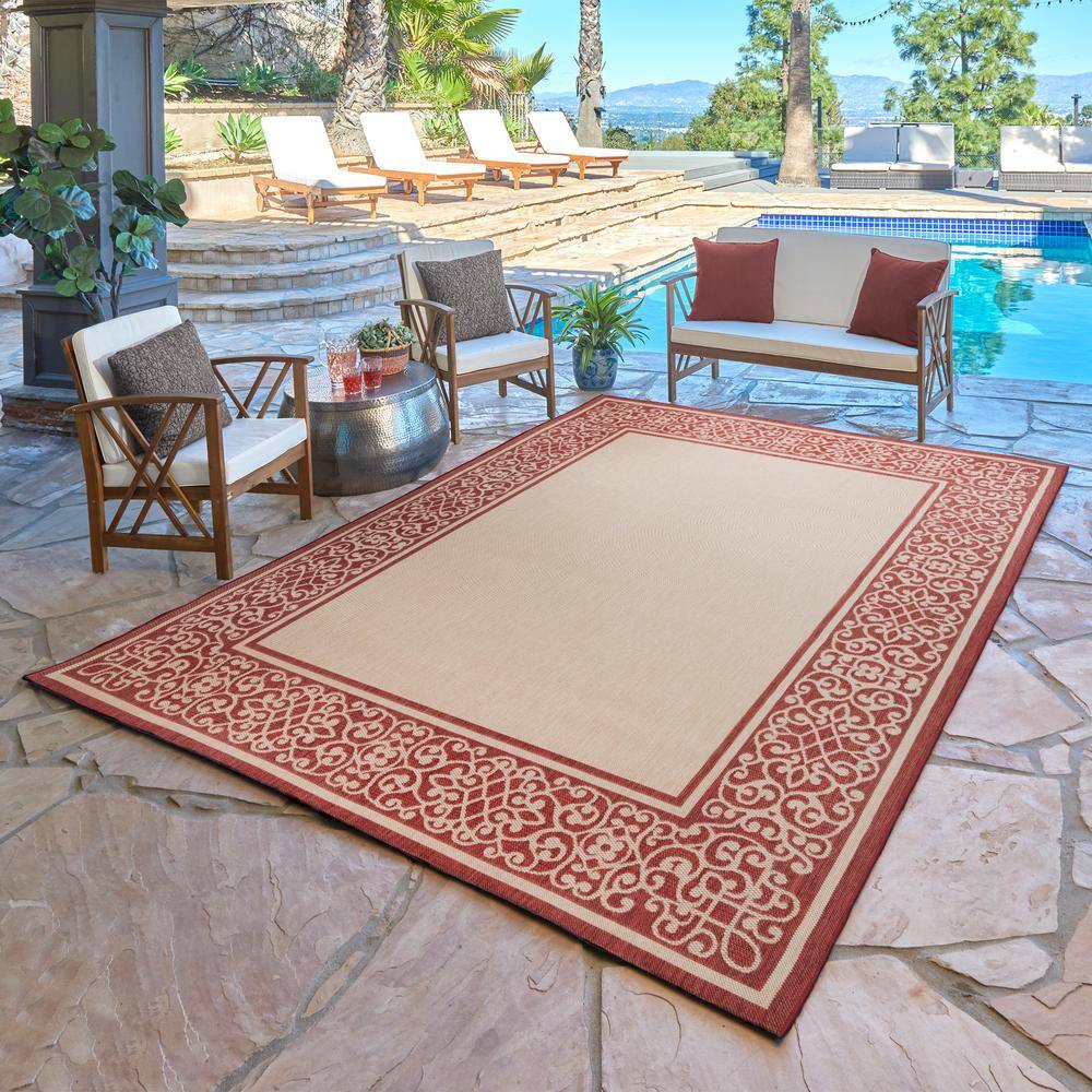 Sand and Red Flat Woven Rectangular 5' x 7' Synthetic Area Rug