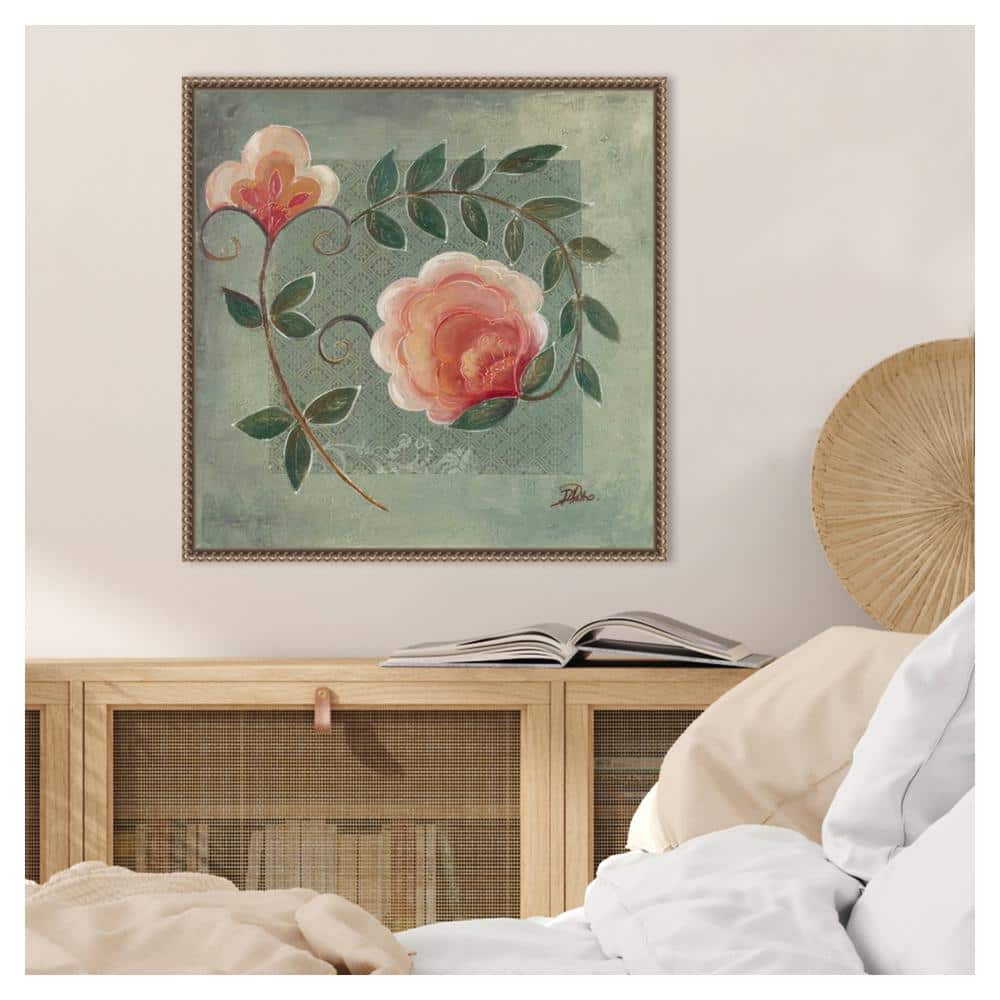 Beaded Bronze Framed Floral Green Canvas Wall Art