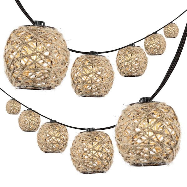 JONATHAN Y Oahu 10-Light 10 ft. Indoor/Outdoor Plug-In Rustic Coastal LED C7 Globe Hemp Rope Shaded String-Light, Light Brown