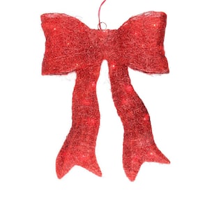 24 in. Lighted Sparkling Red Sisal Bow Christmas Outdoor Decoration