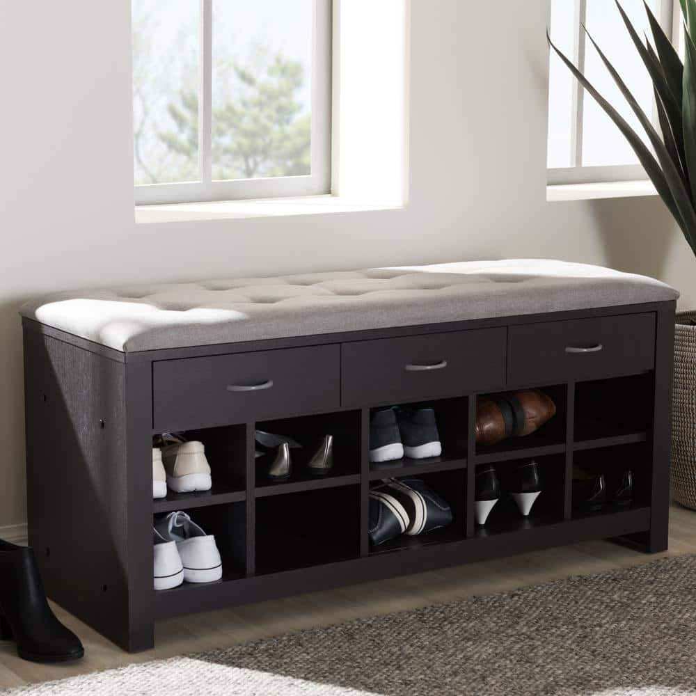 Espresso Entryway Bench with Cushioned Seat and Storage
