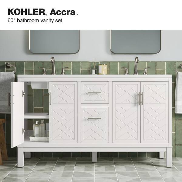 KOHLER Accra 60in. Double Sink Freestanding White Bath Vanity with Pure White Quartz Top Assembled