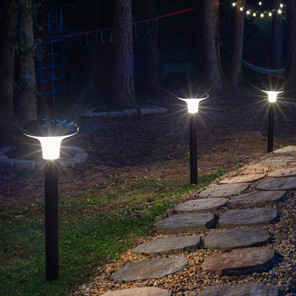 Black Aluminum LED Solar Pathway Bollard Lights, 2-Pack