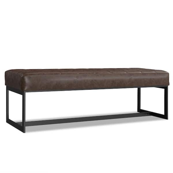Simpli Home Penelope 56 in. Wide Modern Contemporary Rectangle Leather Ottoman Bench in Brown Genuine Leather