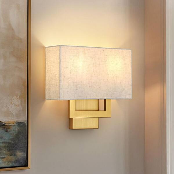 Horizontal Rectangular Sconce HUOKU Haven 2-Light 13-in W x 12-in H Brushed Gold Rectangular Wall ...