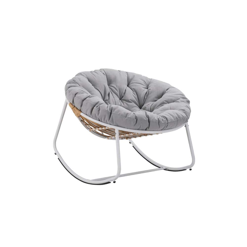 Modern 1-Piece Metal White Round Rattan Rope Club Outdoor Rocking Chair wit