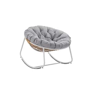 Modern 1-Piece Metal White Round Rattan Rope Club Outdoor Rocking Chair with Light Gray Cushion