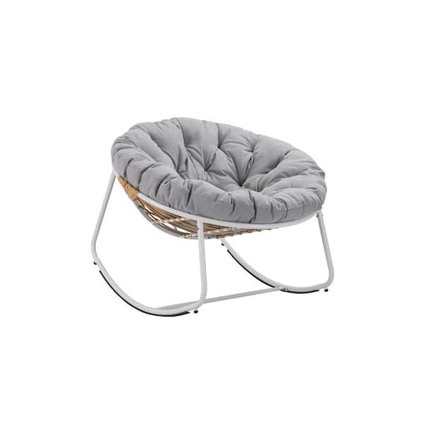 Unbranded Modern 1-Piece Metal White Round Rattan Rope Club Outdoor Rocking Chair with Light Gray Cushion