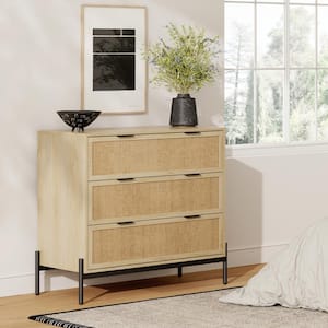 Andrew Light Oak 3 Drawer 39 in. W Bohemian Dresser Storage Cabinet with Natural Rattan Accent and Black Metal Legs