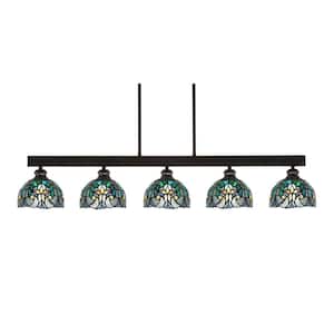 Albany 60-Watt 5-Light Espresso Linear Pendant Light with Turquoise Cypress Art Glass Shades and No Bulbs Included