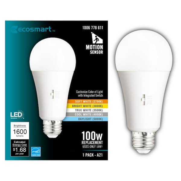 EcoSmart 100-Watt Equivalent A21 Dimmable CEC Motion Sensor LED Light Bulb with Selectable Color Temperature (1-Pack)