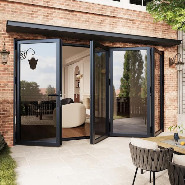 144 in. x 80 in. Right Swing Tempered Glass Black Aluminum Folding Patio Door with Door Stopper (3-Folding Plus 1-Swing)