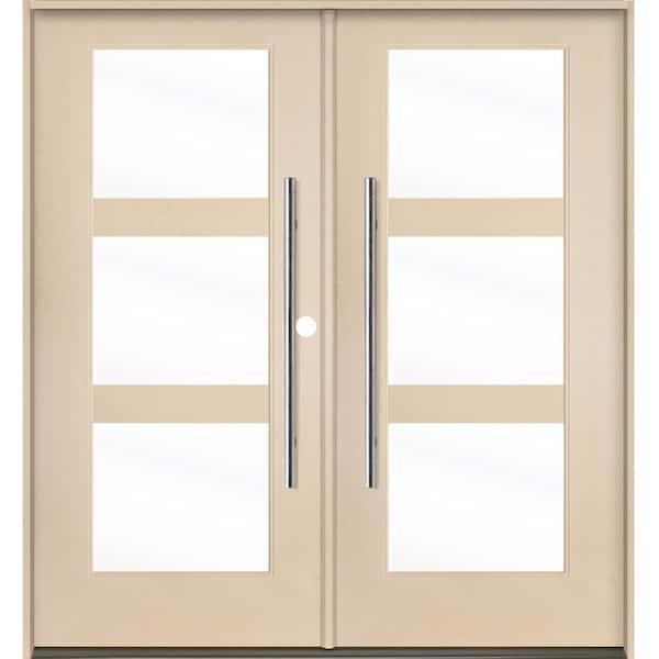 Modern Faux Pivot 72 in. x 80 in. Left-Active/Inswing 3-Lite Clear Glass Unfinished Double Fiberglass Prehung Front Door