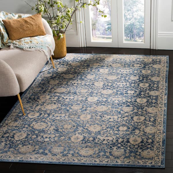 Brentwood Navy/Cream 9 ft. x 12 ft. Distressed Multi-Floral Border Area Rug