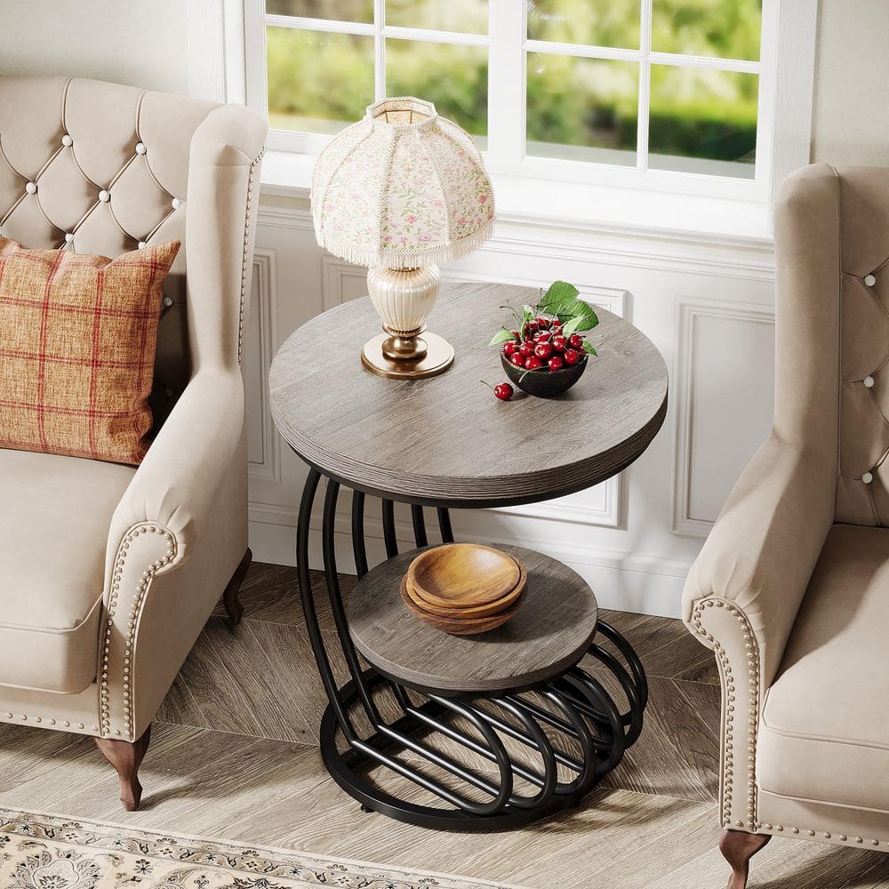 BYBLIGHT Kerlin 19.68 in. Gray Round Wood End Table, 2-Tier