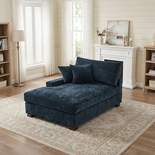 Uixe Blue Chenille Left Arm Facing Sectional Chaise Lounge with