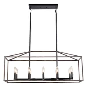 10-Light Farmhouse Black and Wood Grain Rectangle Hanging Linear Island Chandelier Lighting for Kitchen Island