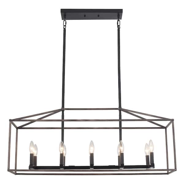 10-Light Farmhouse Black and Wood Grain Rectangle Hanging Linear Island Chandelier Lighting for Kitchen Island