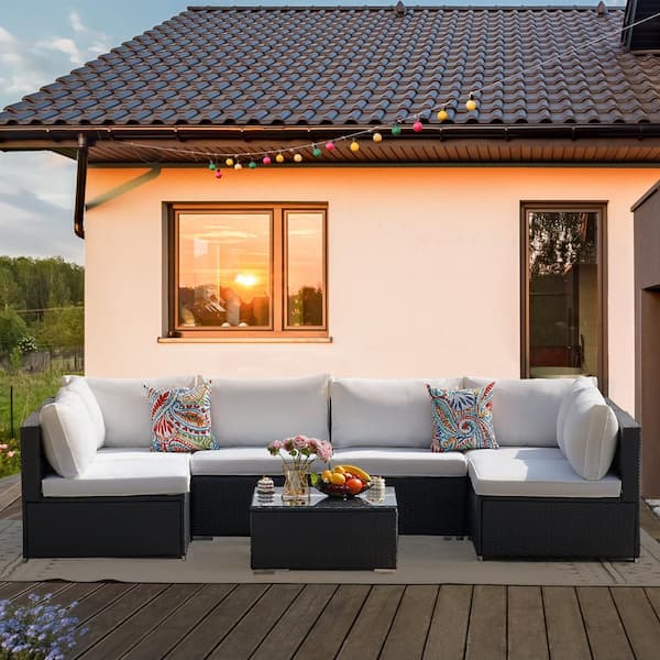 Tenleaf 7-Piece Metal Wicker Outdoor Sectional Set with Beige Cushions