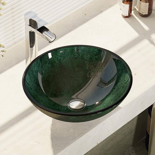 Rene Glass Vessel Sink in Woodland Green and Black with R9-7007 Faucet and Pop-Up Drain in Chrome