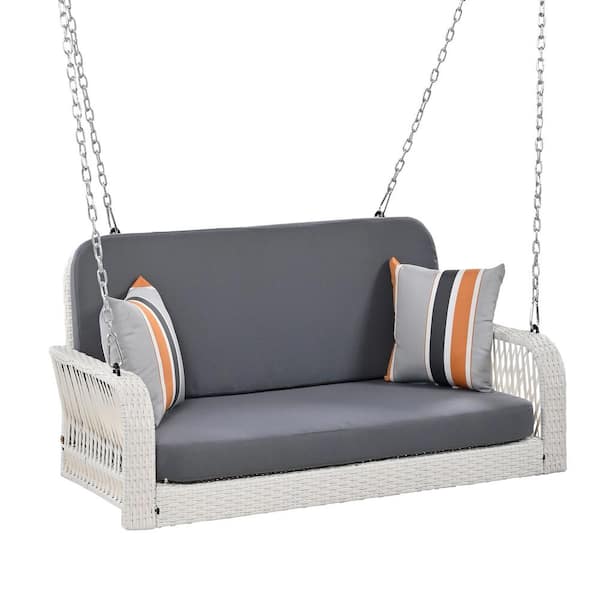ITOPFOX 23 in. 2-Seater Gray and White Wicker Porch Patio Swing Hanging Bench With Chains for Outdoor