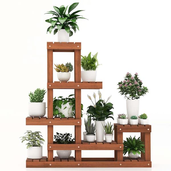 Costway 36 in. H x 35.5 in. W x 10 in. D Multi-Layer Wood Plant Stand Flower Shelf Rack with High Low Structure