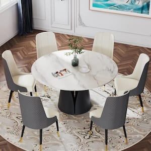 White Stone 53 in. Black Carbon Steel Pedestal Base Round Luxury Modern Dining Table for Dining Room (Seats 6)