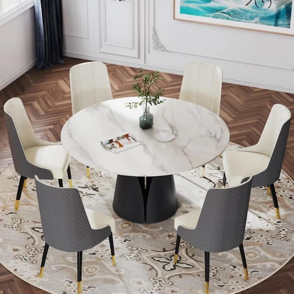 White Stone 53 in. Black Carbon Steel Pedestal Base Round Luxury Modern Dining Table for Dining Room (Seats 6)