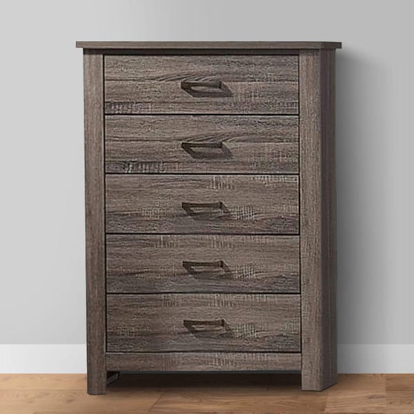 Benjara 16 in. Oak Gray 5-Drawer Wooden Tall Dresser Chest of 