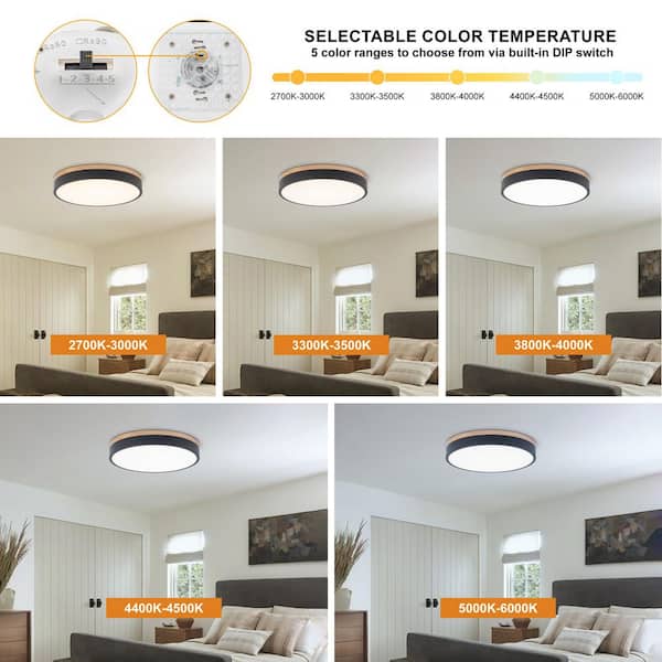 Lumin 1-Light 11.8 in. W Matte Black Selectable CCT Color Changing LED Round Wood Ceiling Flush Mount Light Fixture