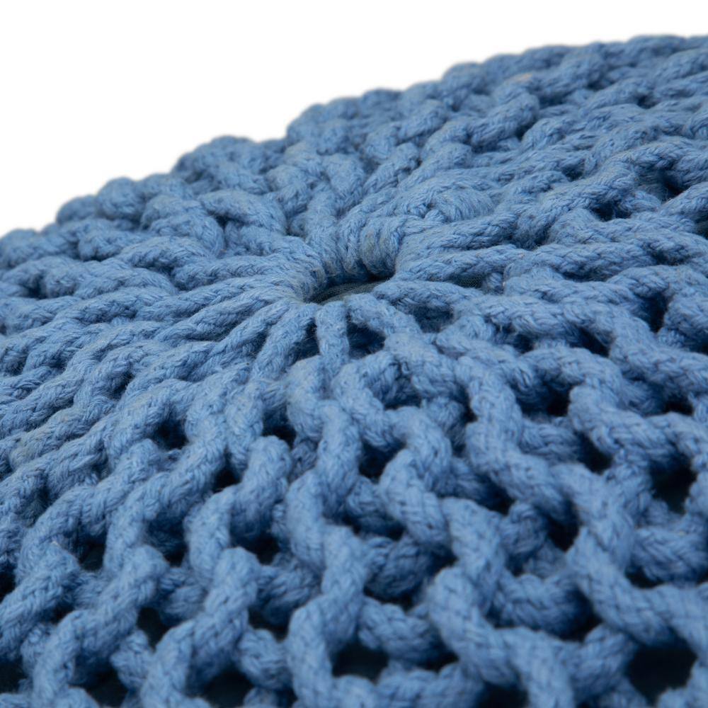 Hand-Knitted Blue Cotton Round Pouf with Polystyrene Filling