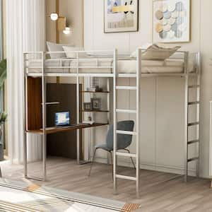 Silver Full Size Metal Loft Bed with Brown Built-in Desk and 2-Shelves, 2-Ladders