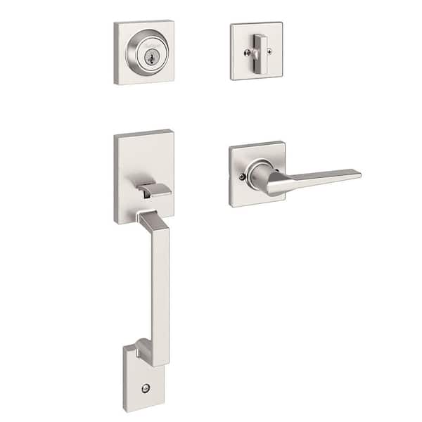 Amador Satin Nickel Keyed Entry Single Cylinder Door Handleset with Interior Hollis Handle Featuring SmartKey Security