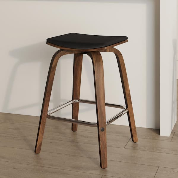 25 in. Counter Height Stool in Leather with Poplar Wood Legs 360 sq. Swivel Seat in Walnut/Black