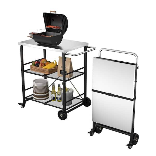 3- Shelf Stainless Steel Foldable Outdoor Grill Cart Indoor Prep Table with 4 Wheels (28 in. W x 18.5 in. D)