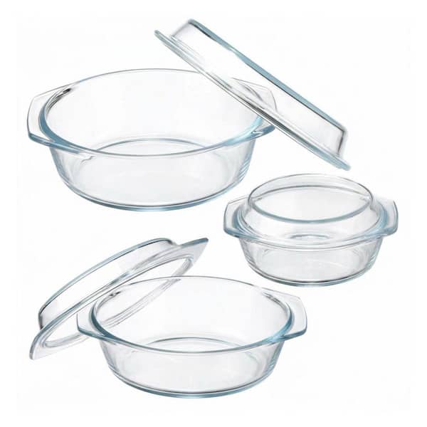 3-Piece Round Tempered Glass Casserole Dish Set with Glass Lids, Oven Safe, Non-Porous, Stackable Design