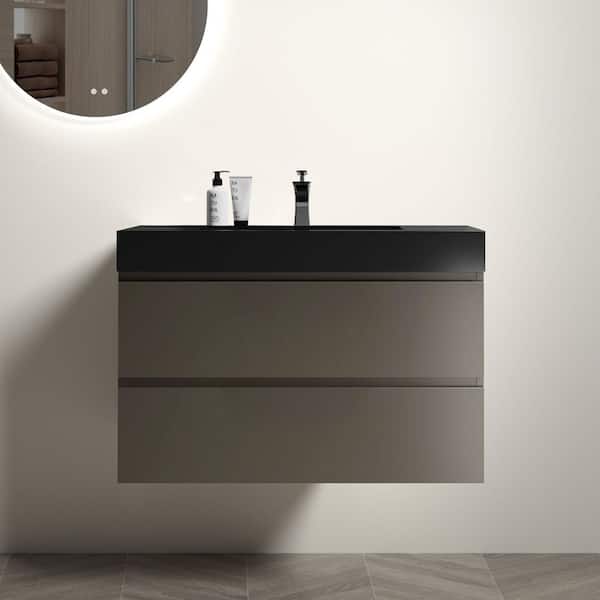 36 in. Single Sink Floating Gray Bath Vanity with Black Engineered Stone Top (Assembled), Large Storage