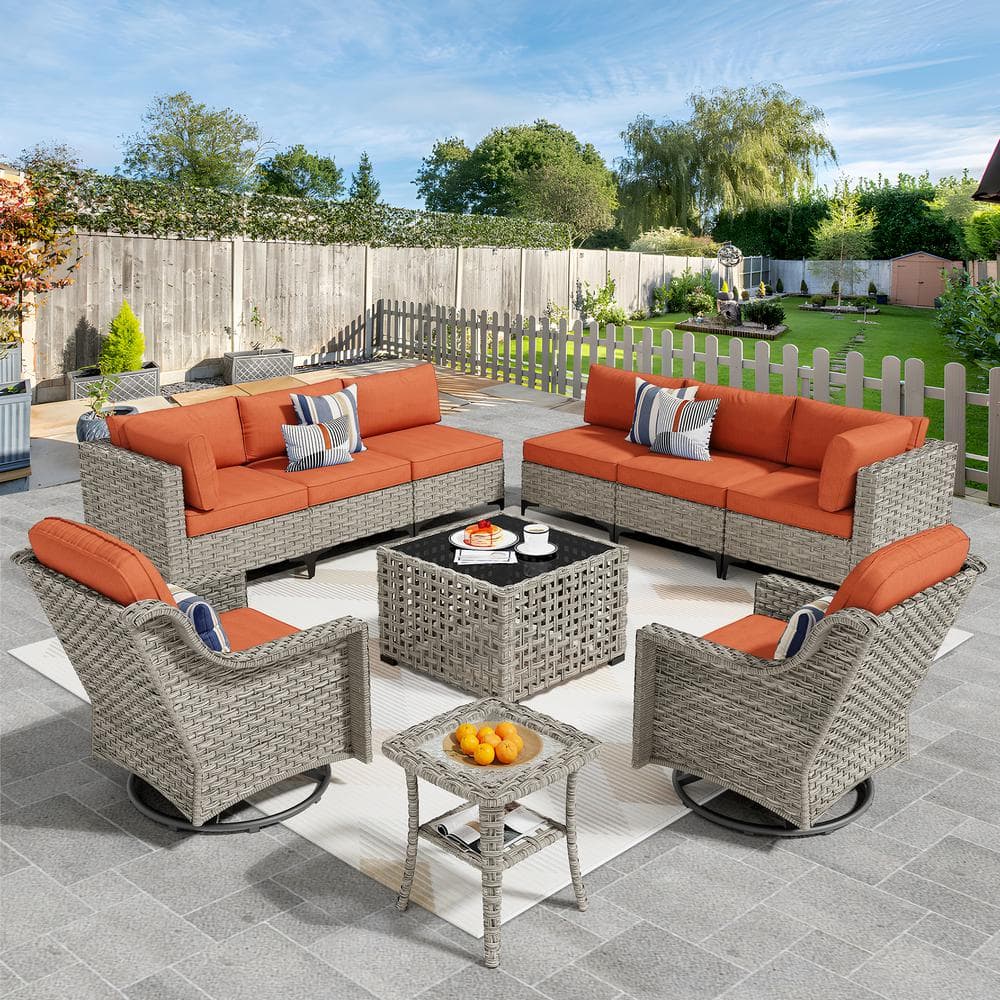 Supery Gray 10-Piece Wicker Patio Conversation Set with Bold-Stripe Orange Red Cushions and Swivel Rocking Chairs price history on PriceWatchPro