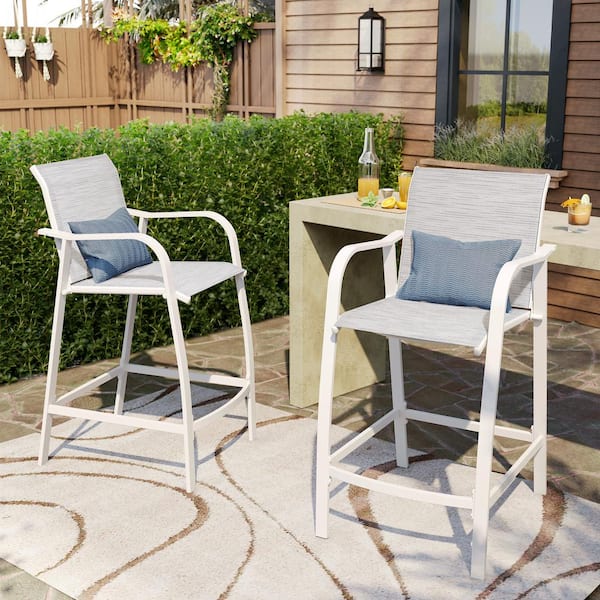 Pellebant Counter Height Metal Aluminum Outdoor Bar Stool with Arms in White and Grey and Blue Mixed Color (2-Pack)