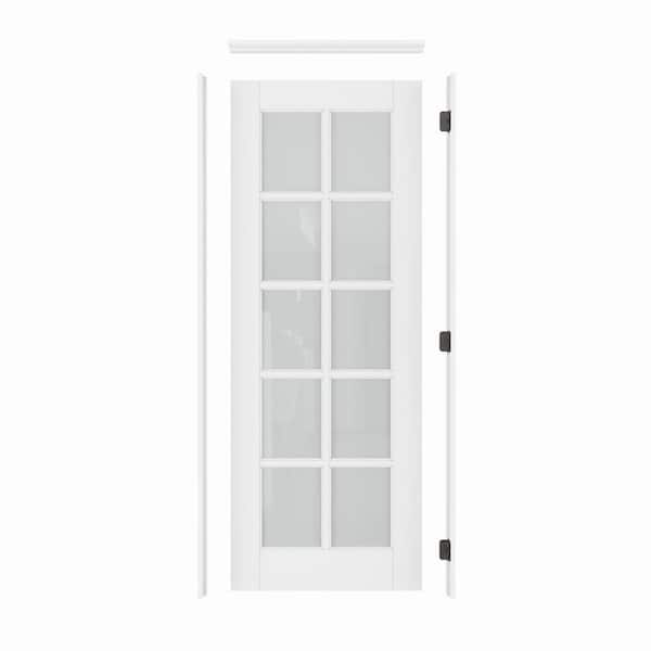 28 in. x 80 in. 10-Lite Frosted Glass Left-Hand White Solid Core Wood Single Prehung Interior Door+ Quick Assemble Jamb