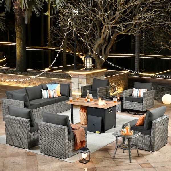 Toject Sanibel Gray 11-Piece Wicker Outdoor Patio Conversation Sofa Sectional Set with a Storage Fire Pit and Black Cushions