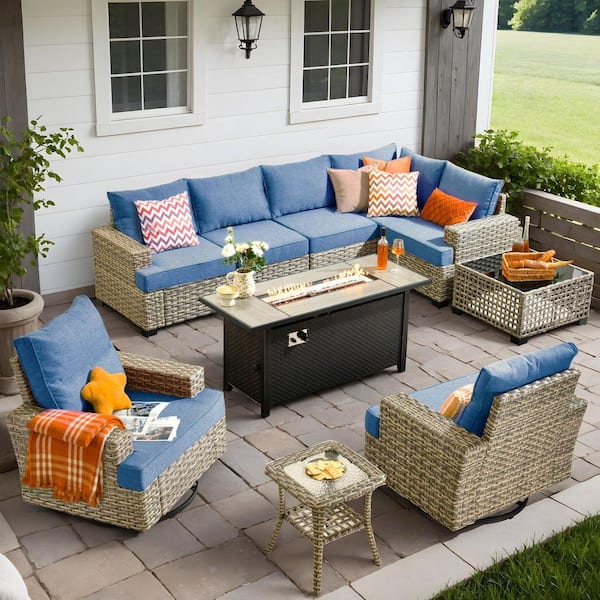 Torino Gray 10-Piece Wicker Outdoor Patio Conversation Sofa Sectional Set with a Metal Fire Pit and Denim Blue Cushions