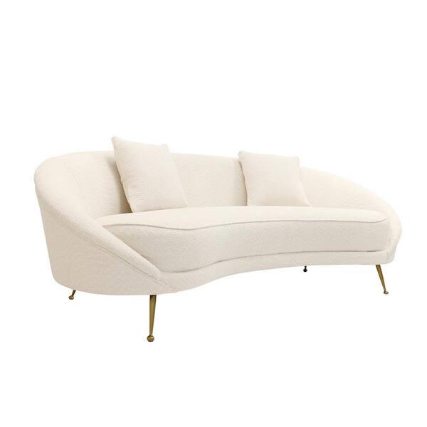 Pasargad Home Luna 87 in. Ivory Solid Textured Fabric 3-Seater Curved Sofa with 2 Pillows