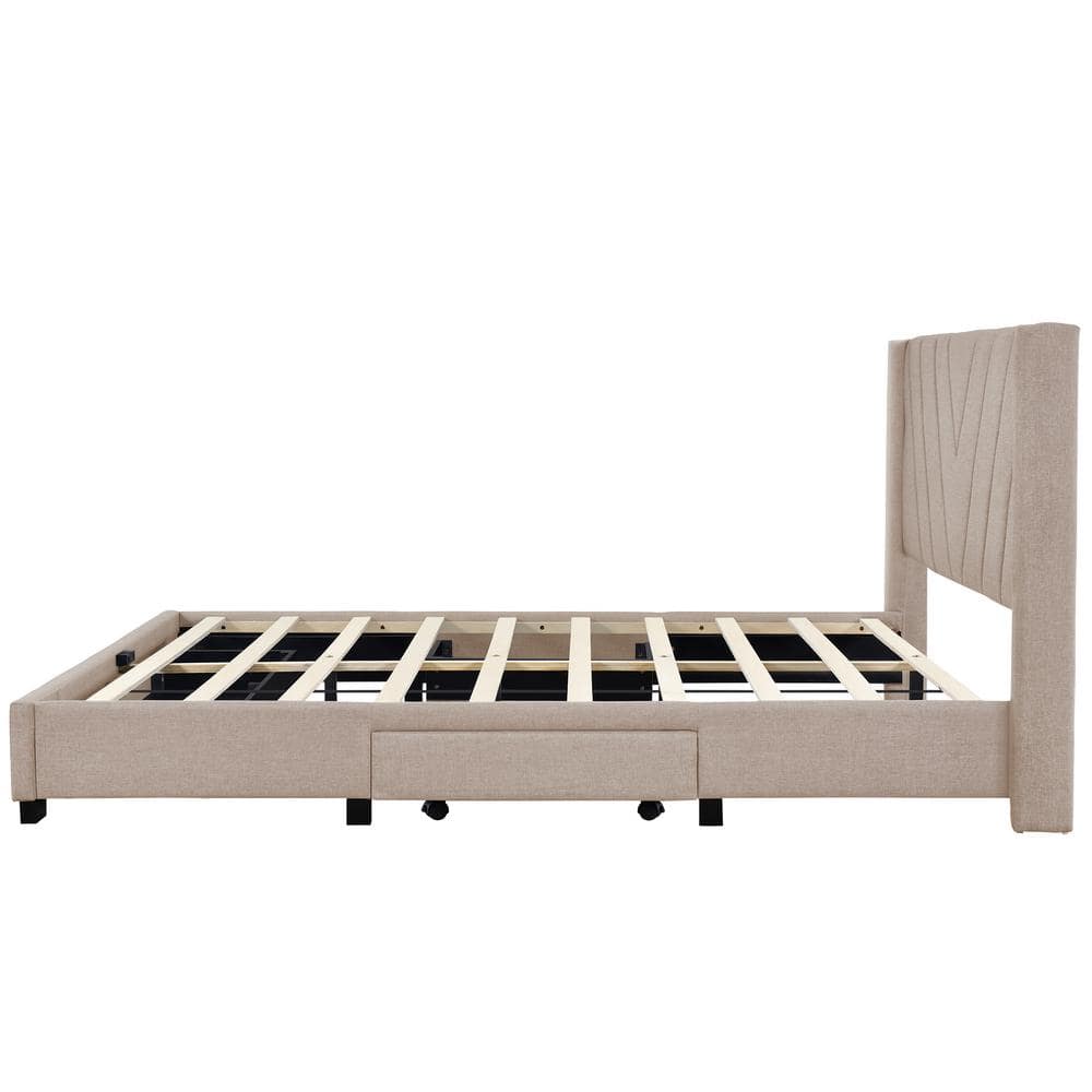 Beige Linen Upholstered Queen Platform Bed with Storage Drawers