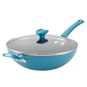 11 in. Turquoise Cityscapes Porcelain Enamel Nonstick Covered Stir Fry Pan