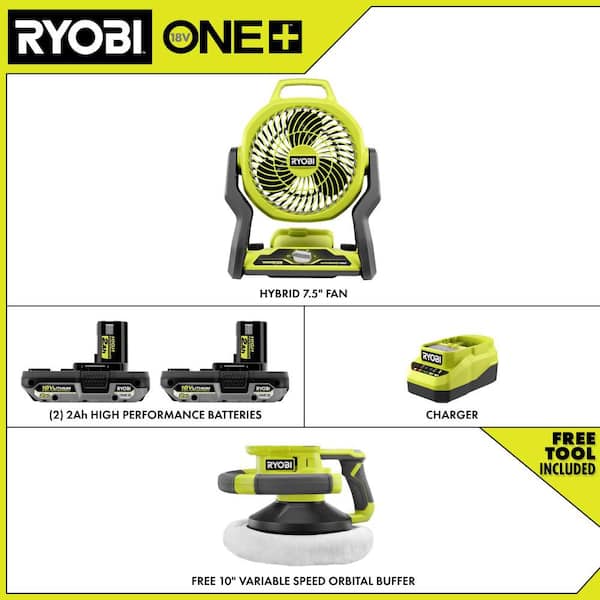 ONE+ 18V Cordless Hybrid 7.5 in. Fan Kit w/ (2) 2Ah Batteries, Charger, w/ FREE ONE+ 18V Cordless Random Orbit Buffer