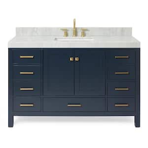 Cambridge 54 in. W x 22 in. D x 36.5 in. H Single Sink Freestanding Bath Vanity in Midnight Blue with Carrara Marble Top