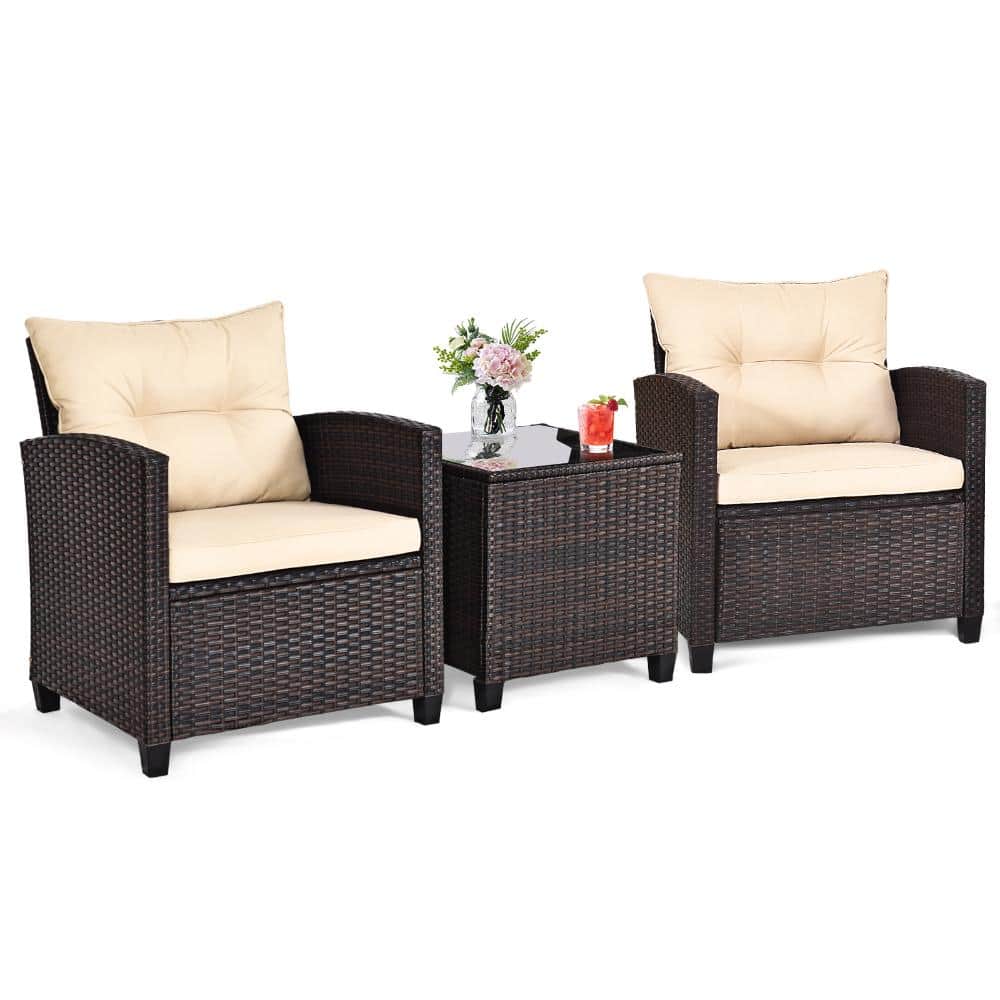 3 Piece Wicker Patio Conversation Set, Outdoor Rattan Chair Set w/ Cushions & Glass Coffee Table, Beige price history on PriceWatchPro