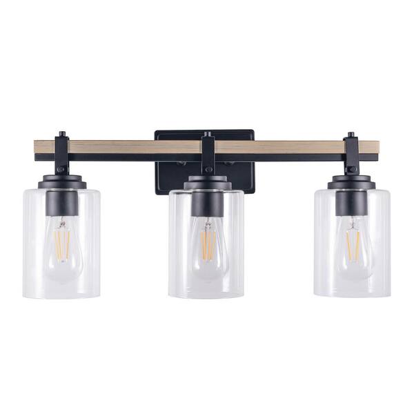 Clihome 3-Light Mattle Black/Ocean View Oak Vanity Light